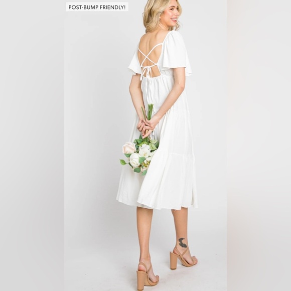 Pinkblush flutter sleeve tiered midi dress with cross cross lace up back nwt - Picture 5 of 5